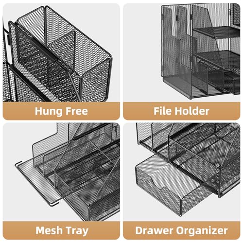 Marbrasse Desk Organizer and Accessories, 3-Tier File Organizer with Drawer and Pen Holder, Small Desktop Organizer and Storage for Workspace Office Supplies Black - Image 5