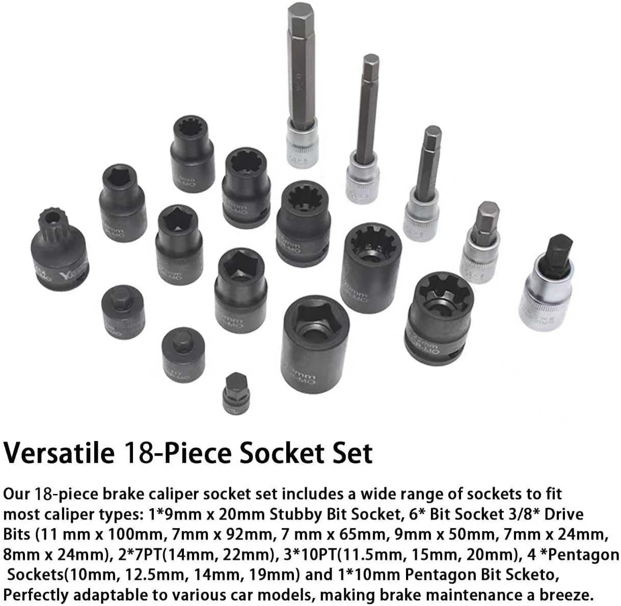 18PCS Brake Caliper Socket Set Kit, Brake Adjusting Tools, Brake Caliper Tool H7 H8 H9 Hex Sockets M14 Compatible for Audi VW Ford Porsche Benz BMW Mazda
