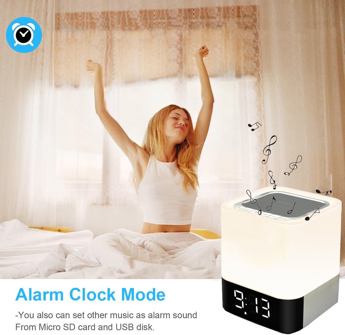 Image showing the alarm clock display with a person waking up, indicating the custom alarm sound feature.