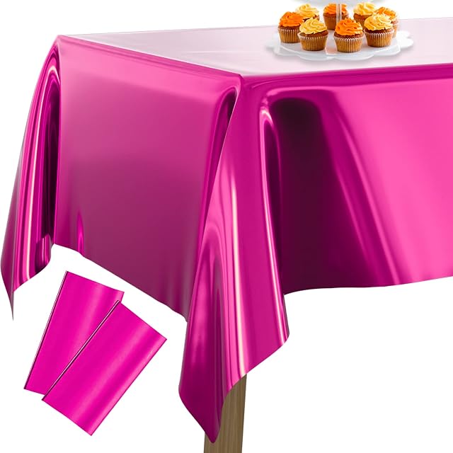 PartyWoo Magenta Foil Tablecloth, 2 PACK 54 x 108 Inch Rectangle Party, for 6 to 8 Foot Table, Metallic Cover, Waterproof Cloth Birthday, Wedding ,, Pink-2 Pack-9560