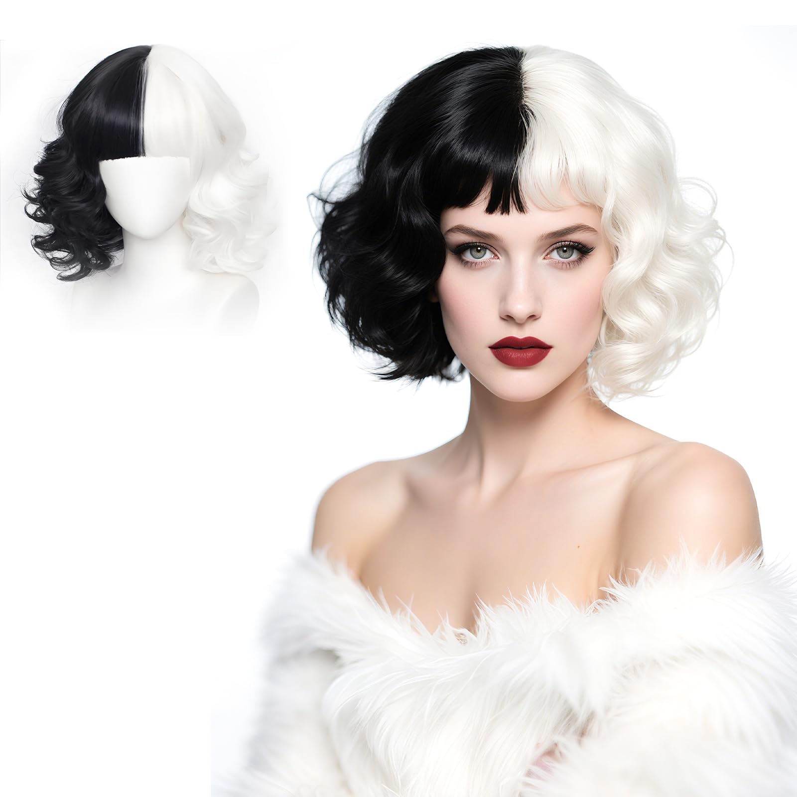 Ronronner Halb Schwarz Halb Weiß Perücke für Damen - Kurze Lockige Bob Perücke mit Pony & inkl. Netz - Für Cosplay, Halloween Karneval und Fancy Dress Partys