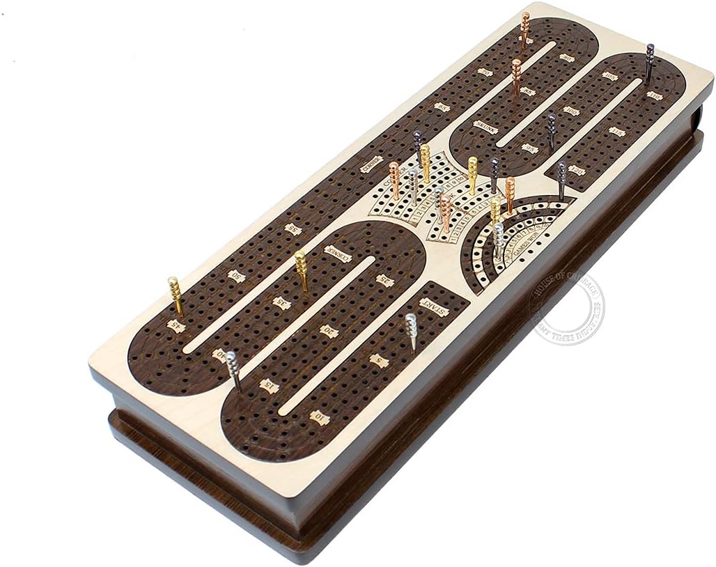 House of Cribbage - Continuous Cribbage Board/Box Inlaid in Maple/Rosewood : 4 Track - Storage Drawer for Pegs & Playing Cards - Score Marking Fields for Skunks, Corners and Won Games