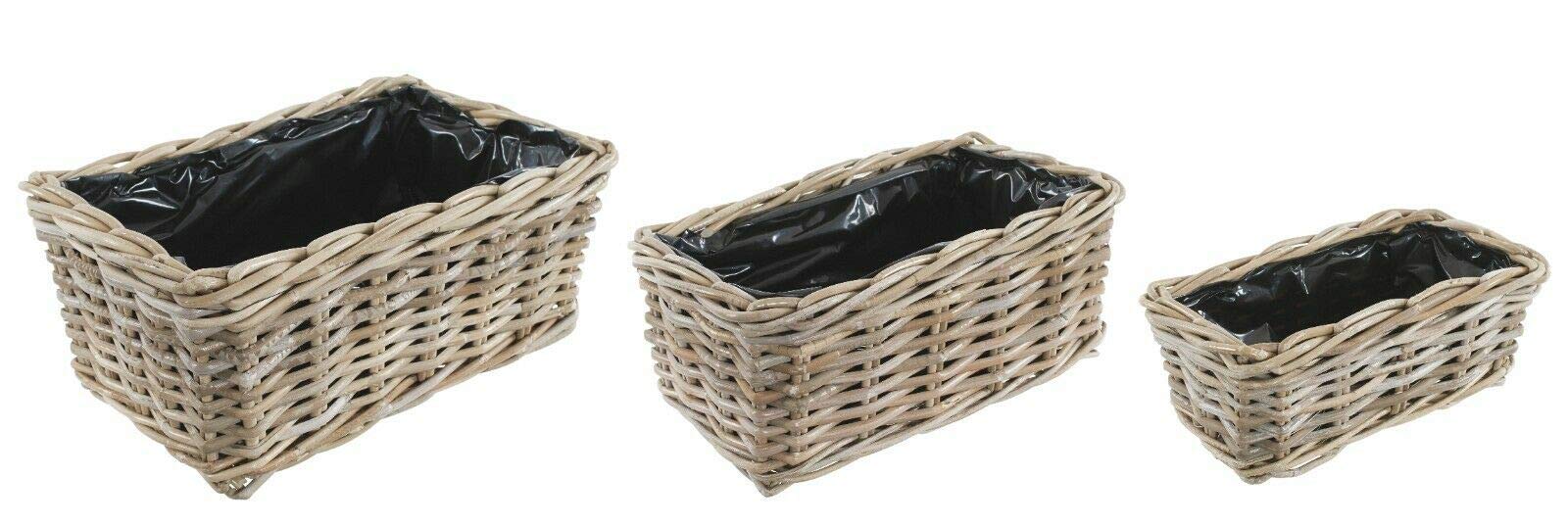 Bliss and BloomWicker Planter Indoor/Outdoor SET OF 3 Flower Pot Basket Lined Grey Buff Rattan RECTANGULAR