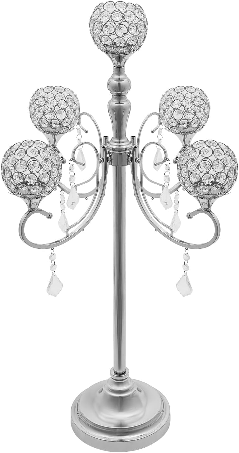 2 PCS Gold 5 Arm Candelabras Table Centerpieces for Party Event, 34 Inches Metal Candlesticks Holder with Crystal Beaded Chandelier Stand for Wedding Ceremony Gift