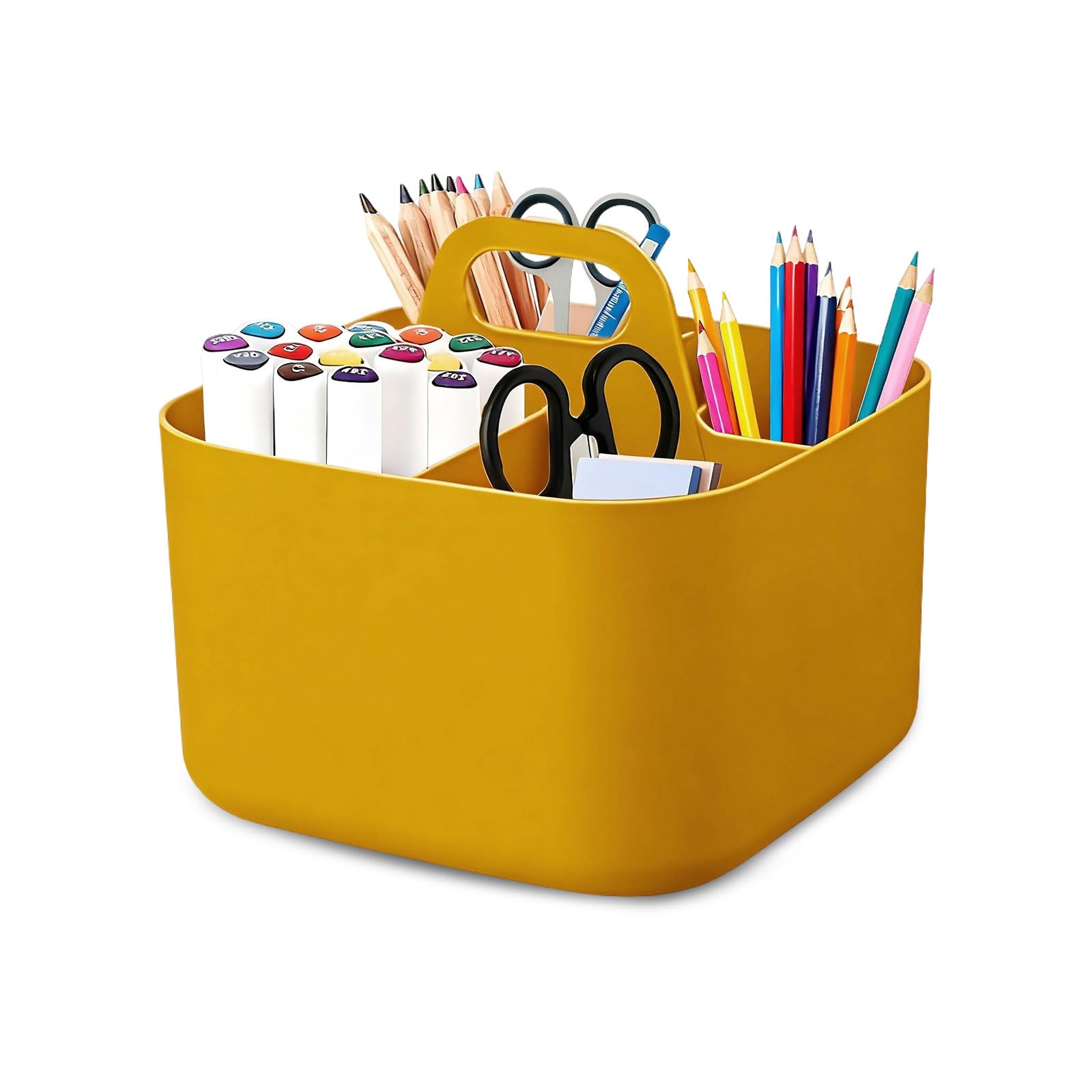 MerwDeeyt Multipurpose Caddy Organizer 4 Compartment Pen Holder Stackable Desk Organiser with Handle Art Organizers Storage Caddy for Office Bathroom Kitchen Cleaning-Yellow