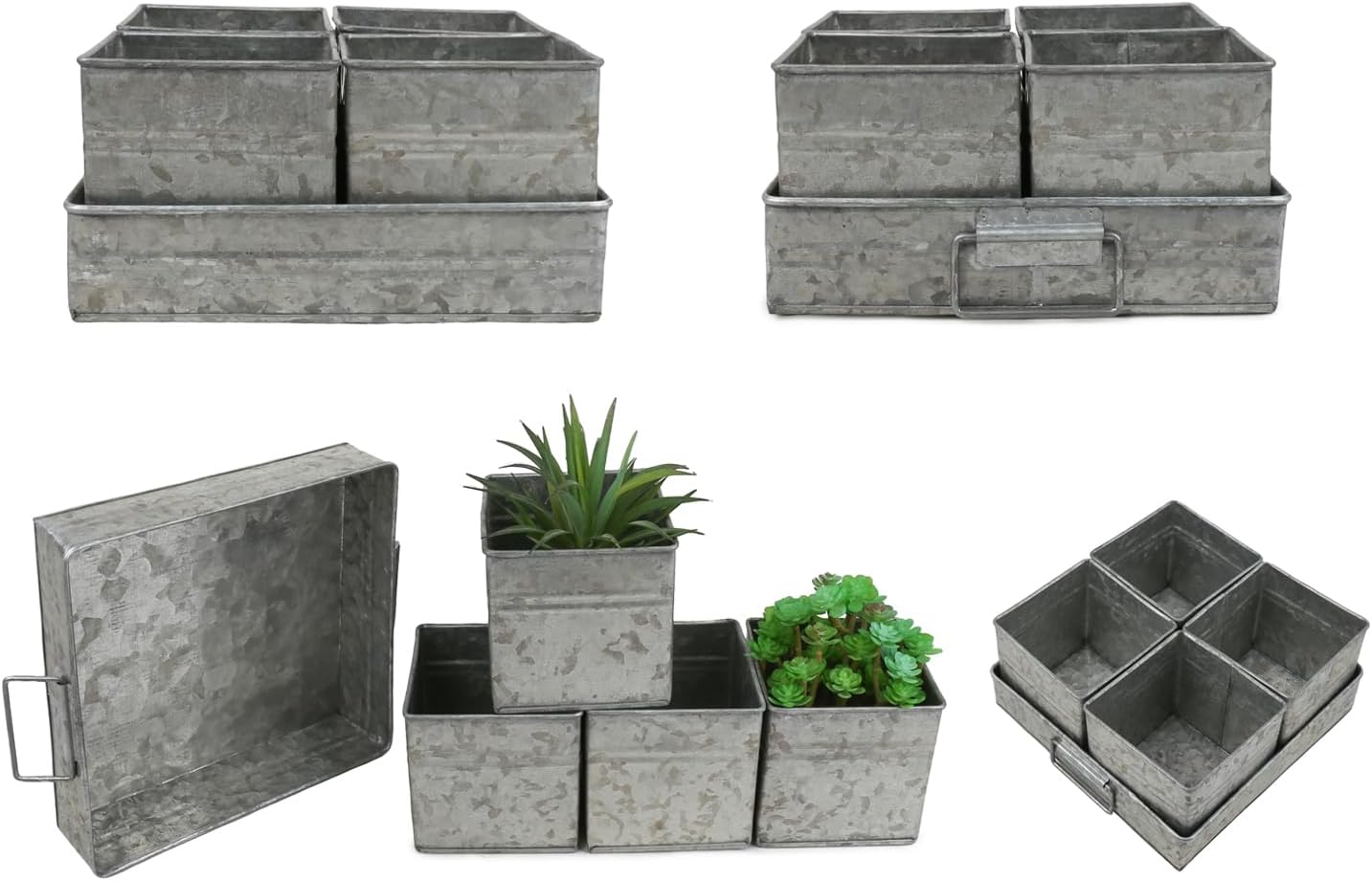Set of 4 Shabby Chic Small Vintage Vase Farmhouse Flower Planter, Rustic Galvanized Metal Pots with Metal Tray for Kitchen Bathroom Bedroom Table Centerpiece Windowsill Country Indoor Decor