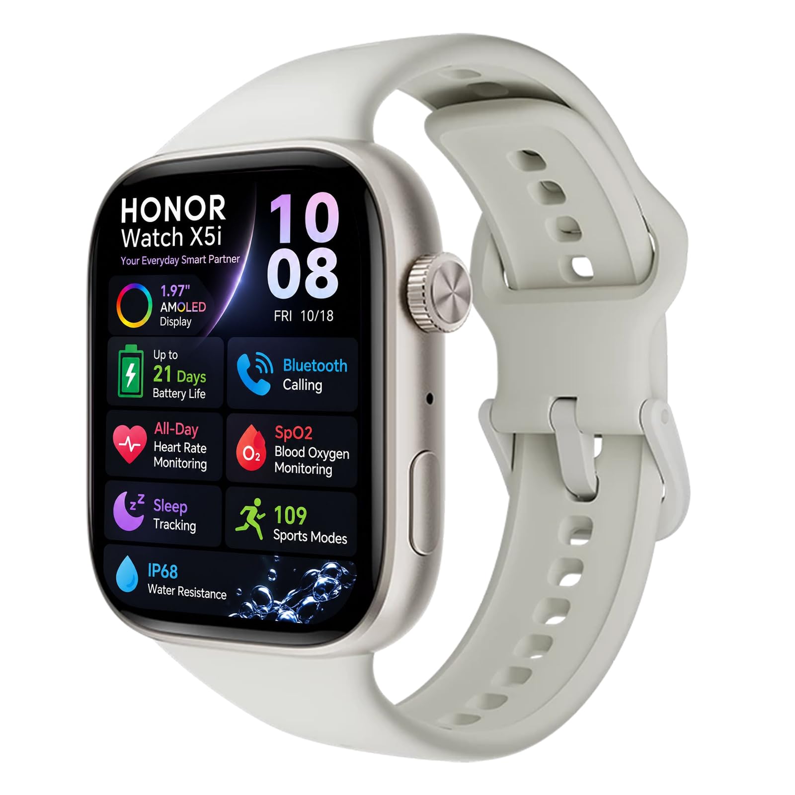 HONOR Watch X5i Smartwatch, 1.97" AMOLED Écran Montre Connectée avec Appels Bluetooth, Autonomie 21 Jours, Surveillance Cardiaque & SpO2 24/7, 109 Modes Sport, Étanche 10M (White)