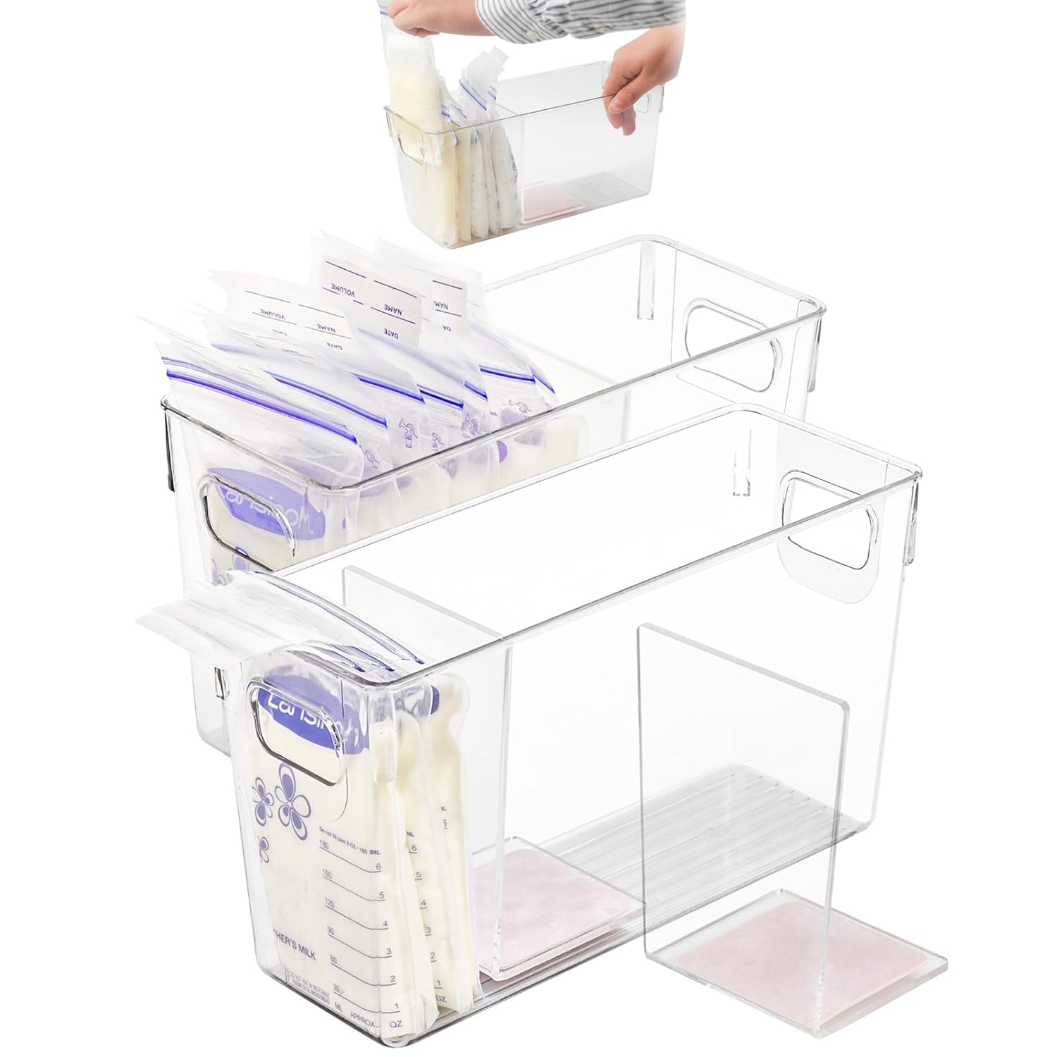 Breastmilk Storage Container with L Shaped Separator Boards, Dividers Will Flatten Standing Breast Milk Bags in Organizer Bins to Save Refrigerator Space | 2 Containers Plus 4 Pink Boards in Total.