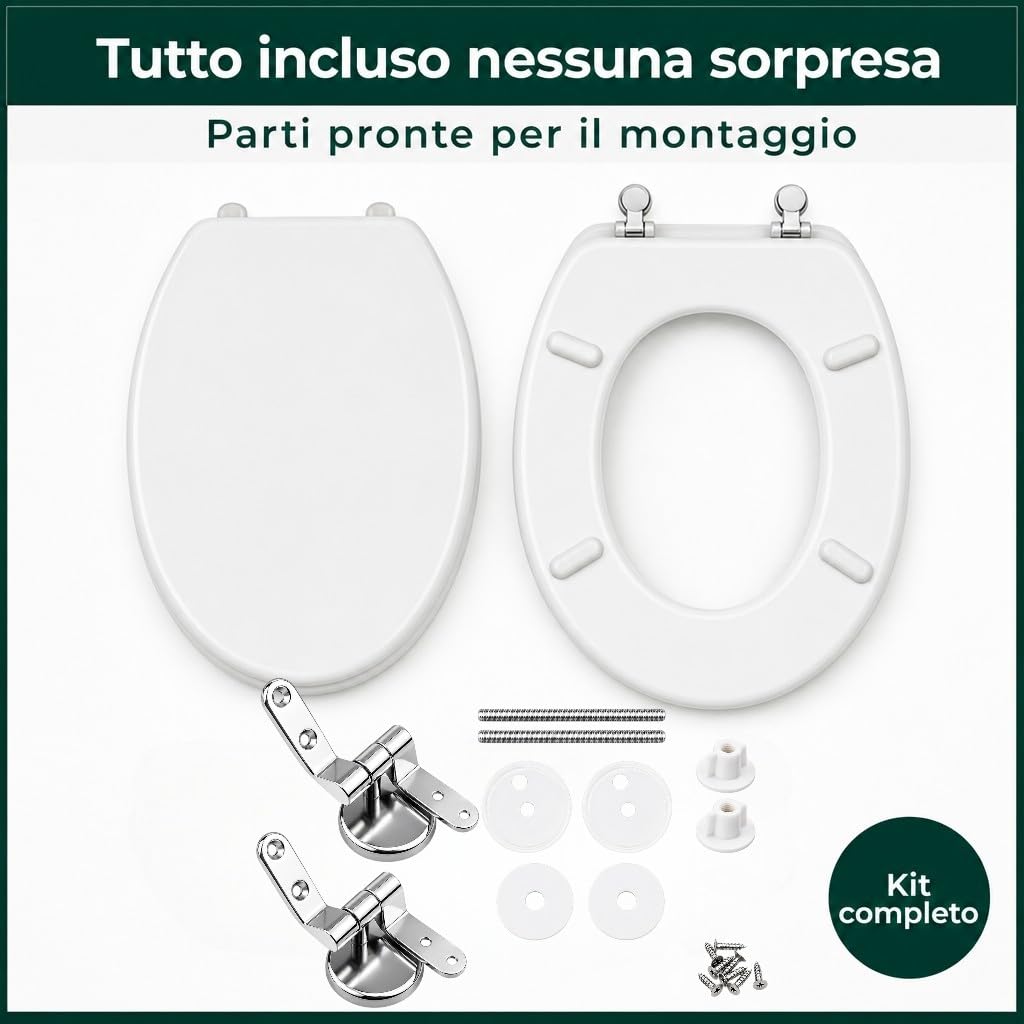 Copriwater Universale MDF Bianco 43x36 cm – Tavoletta WC in Legno MDF, Sedile WC Robusto con Cerniere Cromate, Asse WC Ovale Compatibile, Coperchio Water Resistente