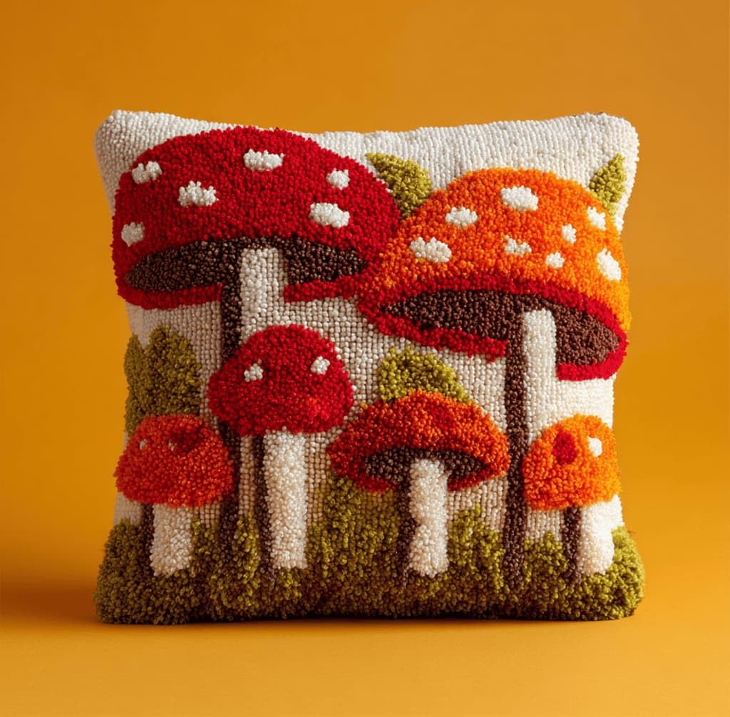 Kitquiver Latch Hook Cushion Kits Mushrooms 43X43Cm Latch Hook Pillow Case Kits Embroidery,DIY Needlework Pillow Cover Sofa Cushion Rug Making for Adults and Beginner,Craft Home Decor