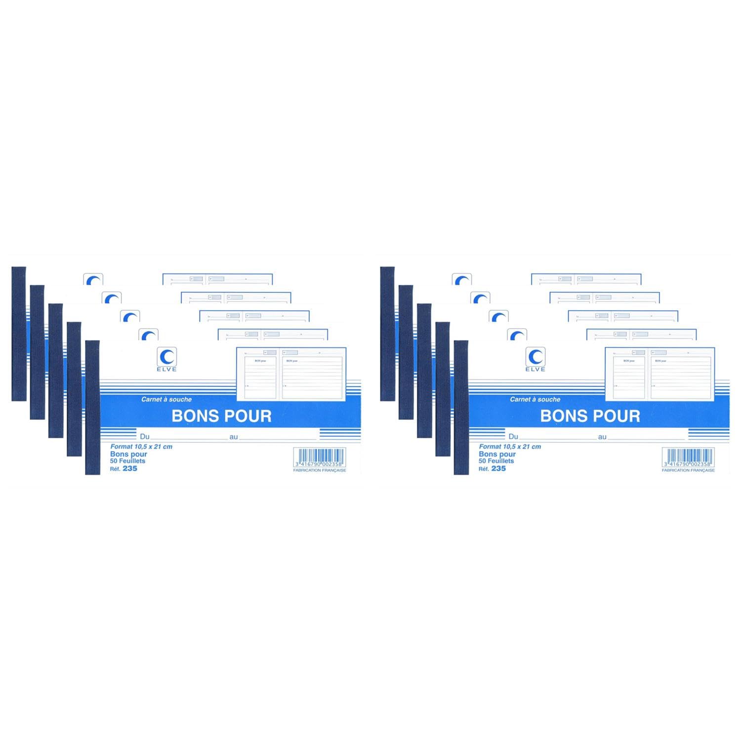 ELVE Lot de 10 Carnets à Souche BONS POUR 105x210 50 Feuillets 80g avec Talon