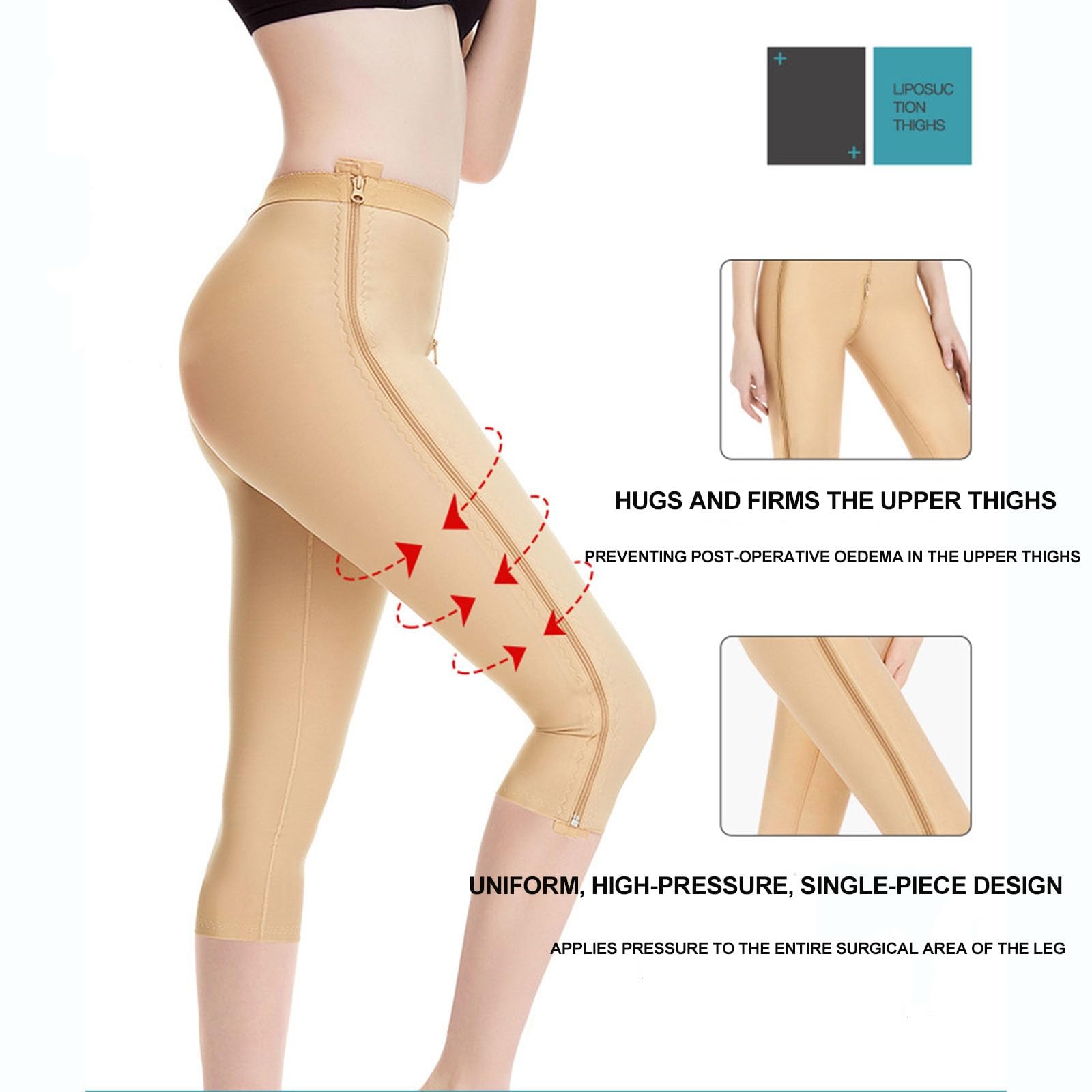 Pantalón compresivo Medio Muslo Mujer Post liposucción, Cremalleras Faja recuperación quirúrgica
