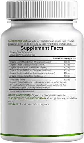 Miniatura 7 de Suplemento orgánico de hongos 10 en 1, 240 cápsulas  Melena de león, cola de pavo, reishi, cordyceps y más complejo de hongos  Apoyo inmunológico,