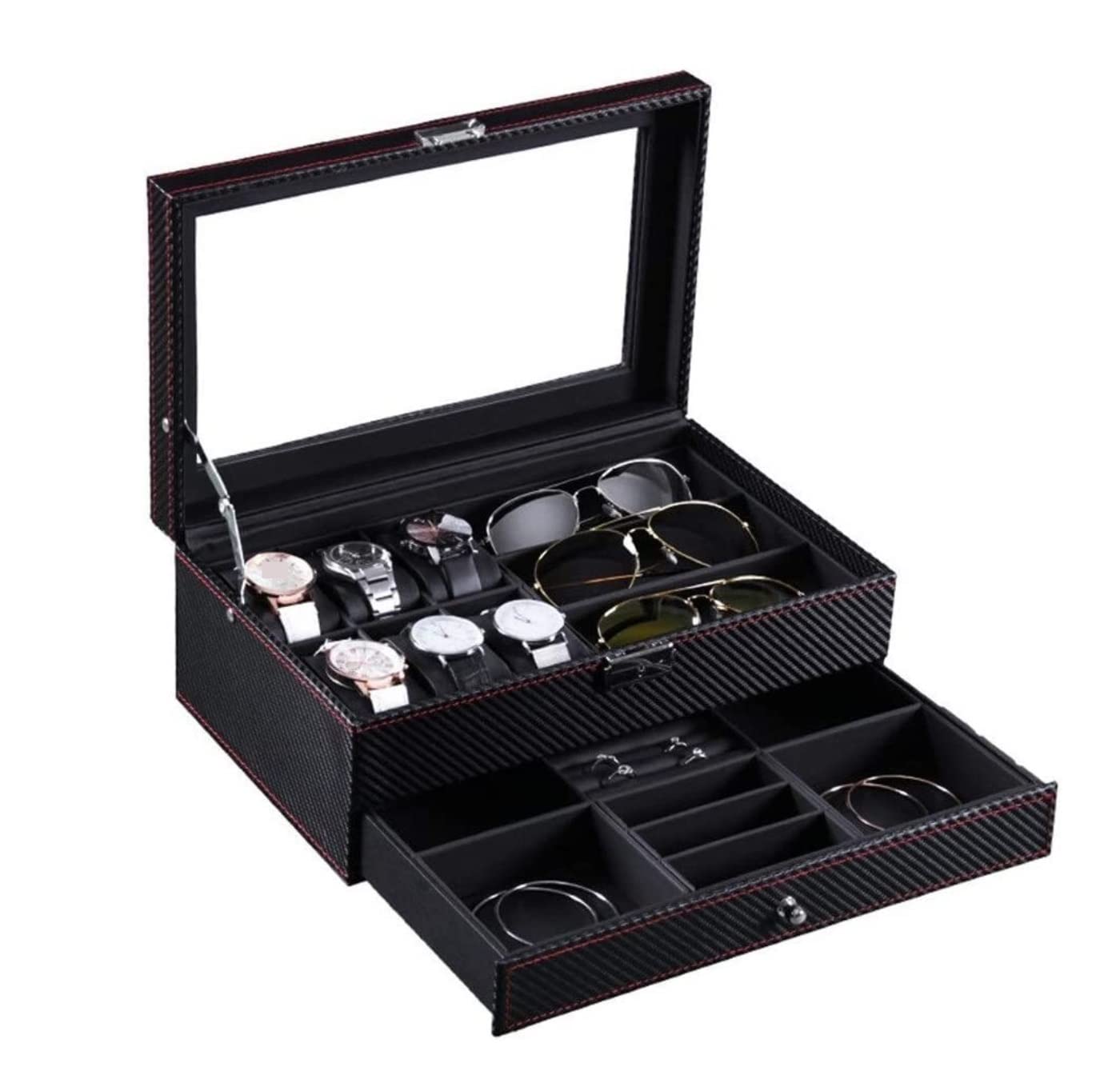 Estuche Relojes Organizador De Exhibición Relojes Multifunción Fibra Carbono, 2 Capas, 6 Ranuras, Caja Reloj, 3 Rejillas, Almacenamiento Anteojos Organizador