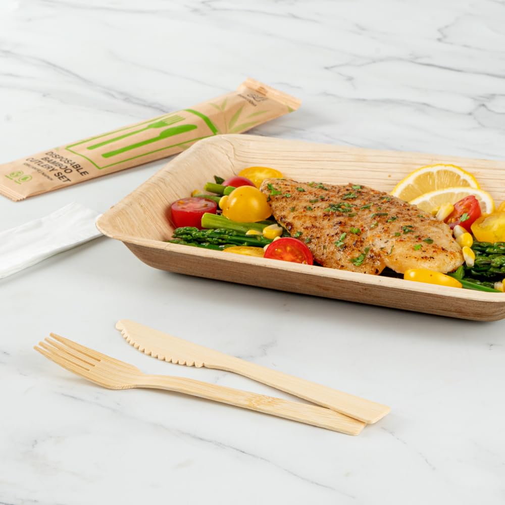 Restaurantware Bambuddha - Juego de utensilios de bambú de 7 pulgadas, 500 artículos de bambú desechables, tenedor, cuchillo y servilleta, acabado suave, cubiertos sostenibles de bambú que resisten el