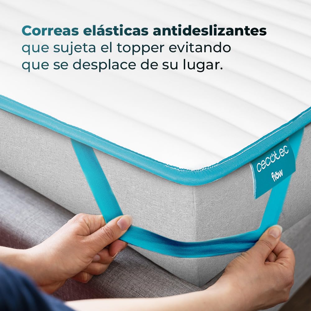Cecotec Topper Acolchado Flow TopCloud 135x190. Cubrecolchón Sobrecolchón. Espuma Supersuave y Fibra Siliconada de 5 cm de Altura, 4 Correas Elásticas Antideslizantes para una Mejor Sujeción