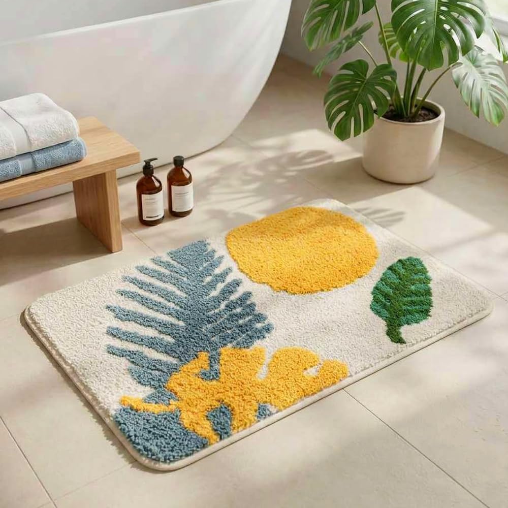 Morbuy Non-slip Bathroom Rugs, Bath Mat Bathroom Carpet Super Absorbent Soft Shower Suitable for Living Room/Kitchen/Bedroom Indoor Outdoor (50 * 80cm, Green leaf 2)