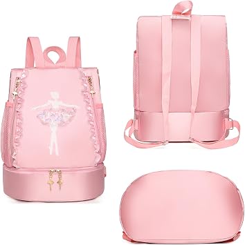 Ballet Dance Backpack with Separate Shoe Compartment,Ballet Dance Bag,Ballerina bag for Dancer, Small Duffle Bag for Girl (Pink)