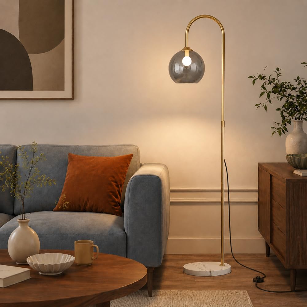 Wylolik Mid Century Modern Arc Floor Lamp, Globe Glass Shade, E27 3-Color Dimmable Globe Glass Standing Lamp, 64in Tall Light for Living Rooms, Bedrooms, Study, Reading Corners (Includes Bulb)