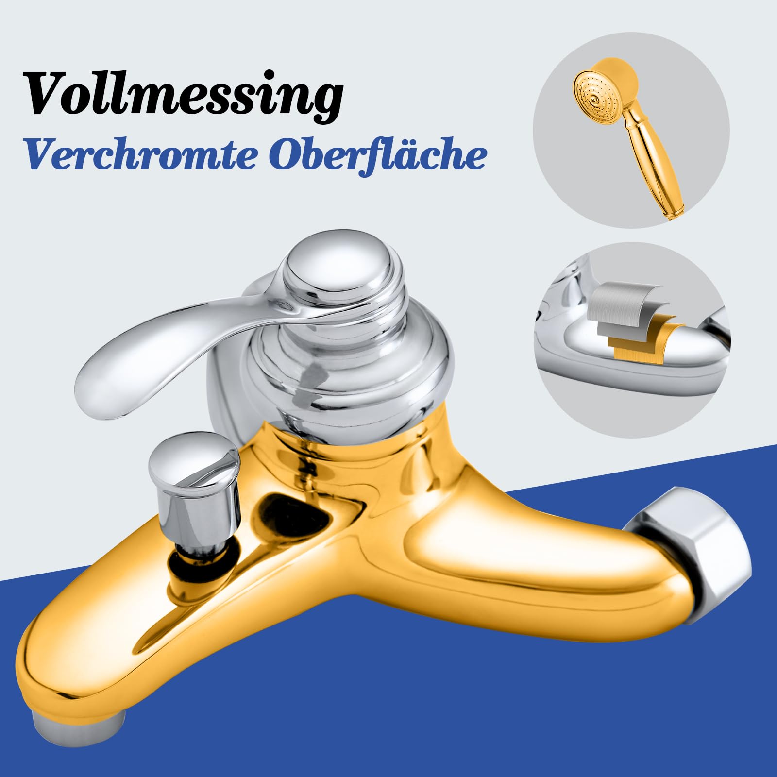 Badewannenarmatur mit Handbrause, Retro Messing Mischbatterie Badewanne Einhebelmischer mit Schlauch und Wandhalterung, Wandmontage Bad Armatur Dusche Antik Wannenarmatur für Badezimmer, Chrom