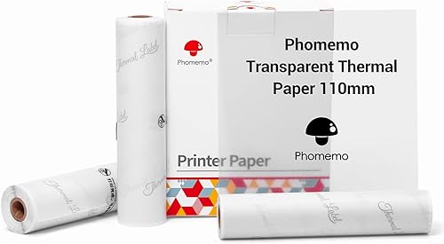 Phomemo Papel adhesivo térmico transparente para impresora de papel de 4.213in, compatible con Phomemo M04SM04AS, texto negro, 3 rollos, adecuado