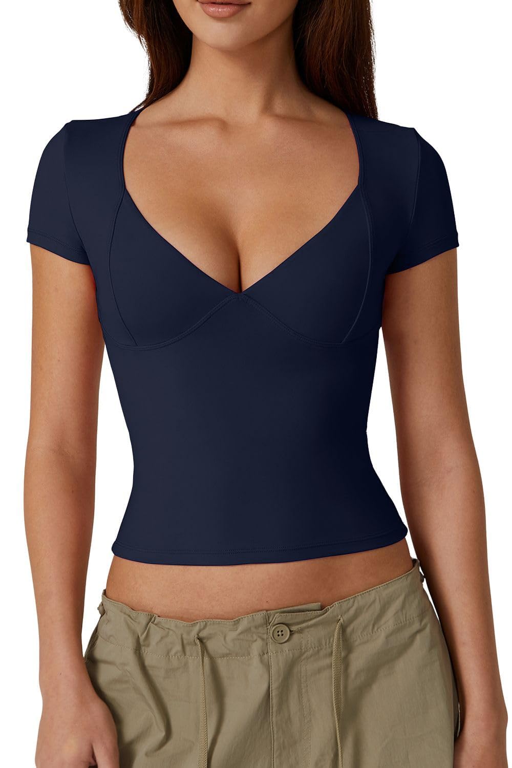 Women's V Neck T Shirts Short Sleeves Double Lined Slim Fit Sexy Y2K Tee Seamed Cup Going Out Tops