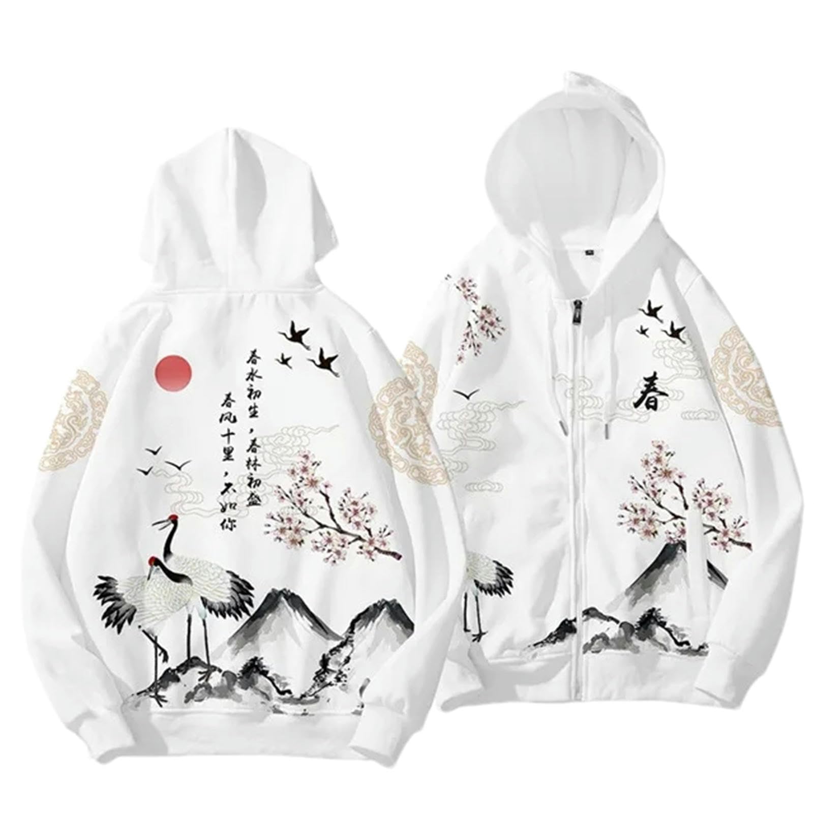 Automne Style Japonais Chinois Grue Imprimée Vêtements Hommes Hoodies Homme Sweatshirt Casual Zipper Sweat à Capuche