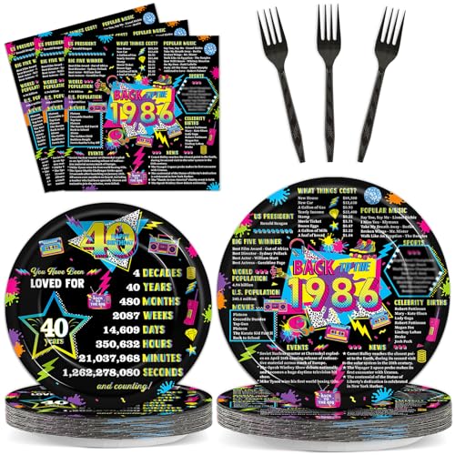 Oitnlaughter 96PCS 40th Plates and Napkins Back in 1986 Black Birthday Supplies for Men and Women Disposable Dessert Paper Plates Awesome 40 Anniversary Party Favor Birthday Gatherings Decorations