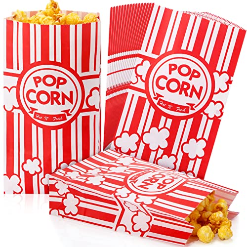 Image of 200 Pcs Paper Popcorn Bags Bulk 2 oz Large Flat Bottom Boxes Red and White Disposable Container Sleeve Movie Night Popcorn Bucket for Retro Movie Themed Party Carnival Supplies (Red and White)