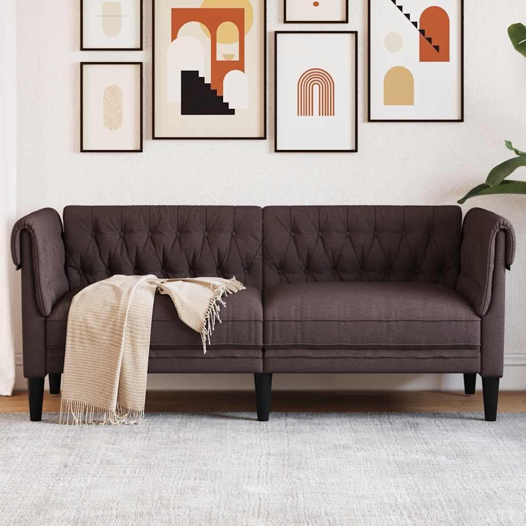 Chesterfield Sofa 2-osobowa, ciemnobrązowa, materiał z tapicerowaną ławką, lounge, ławką do siedzenia, oparciem, podłokietnikami, idealna do salonu, pokoju gościnnego, relaksującej części