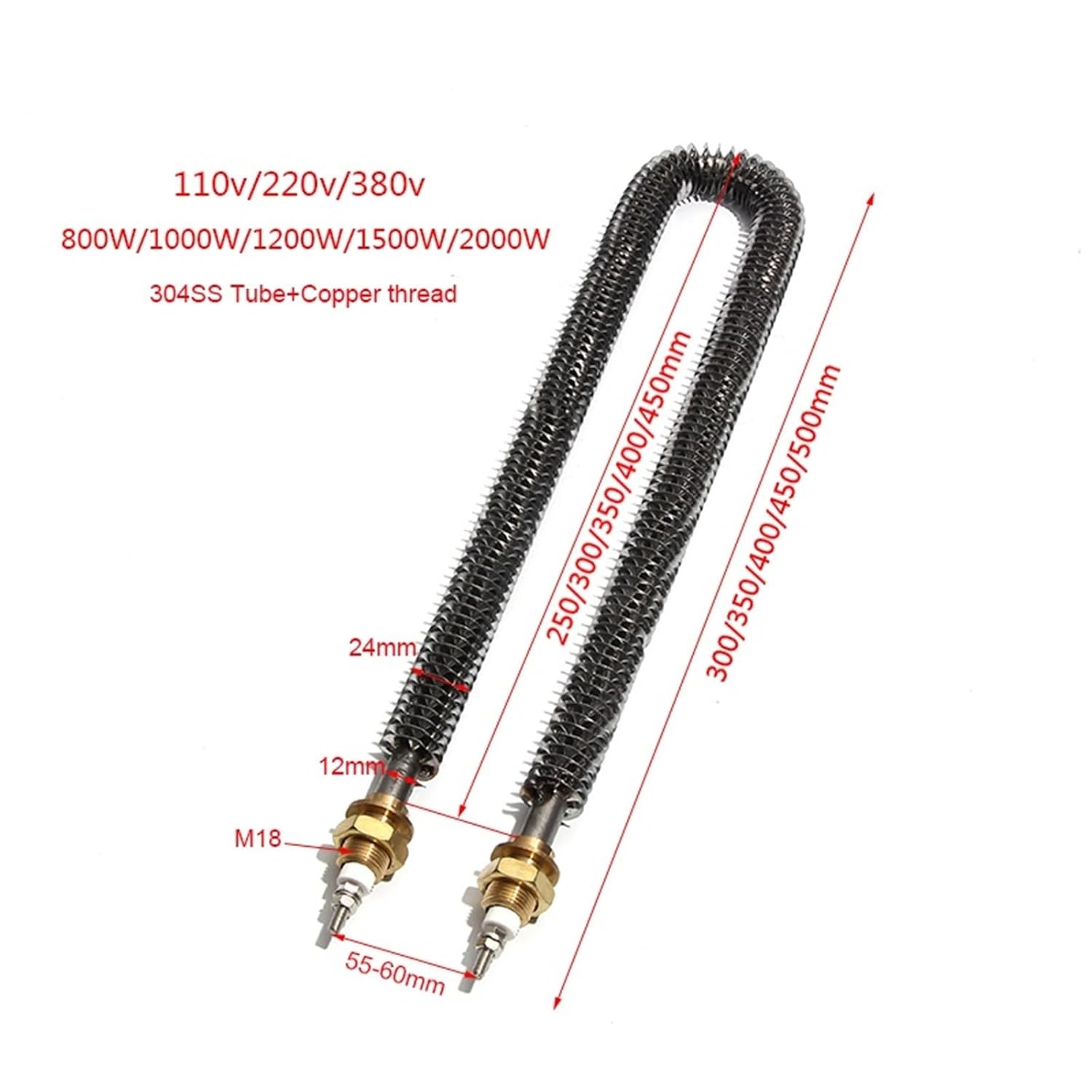 M18 Copper Thread Hot Air Dry Fin Heater 220V 380V Heating Element 1KW 1.2KW 1.5KW 2KW M18*25 1Pcs(110V_800W 250MM 300MML)