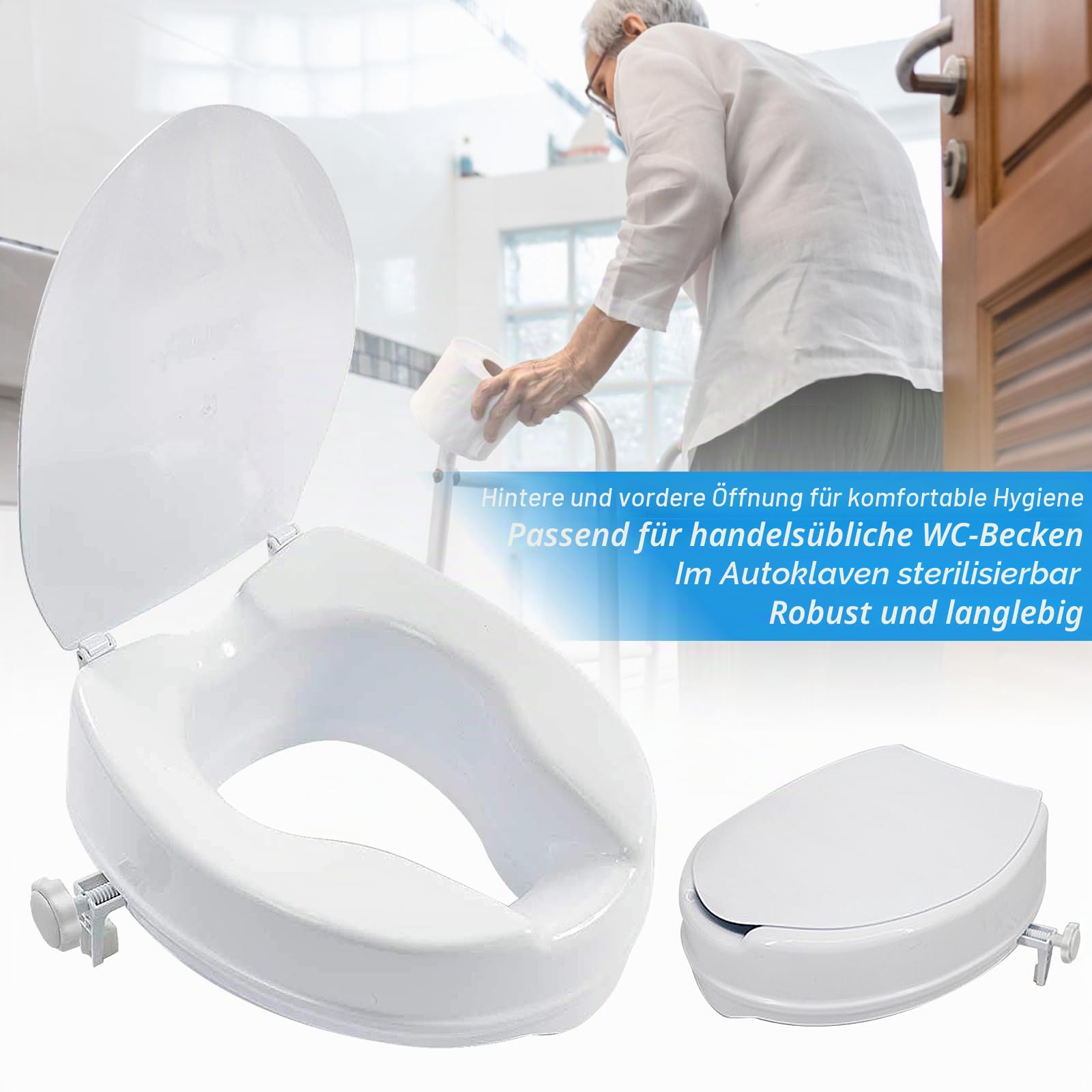Toilettensitzerhöhung mit Deckel, Sitzerhöhung Toilette Erwachsene, erhöhte Toilettensitze für ältere und behinderte Menschen, WC Sitzerhöhung für Senioren (10 cm)