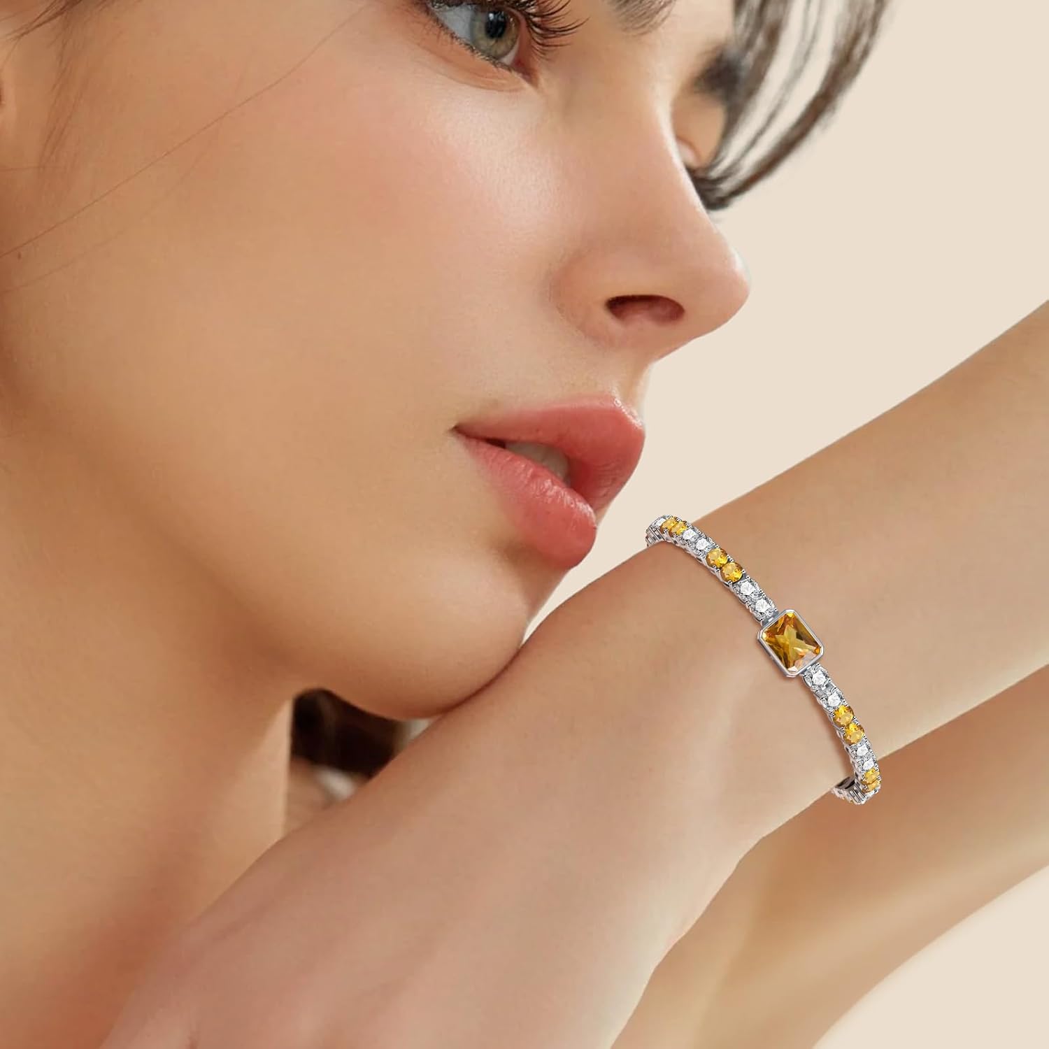 Birthstone Bracelets for Women Birthday Gifts 4CT Radiant Cut Birthstone 4mm Sterling Silver White Gold Tennis Bracelets for Women Round Cut 5A Cubic Zirconia Bezel Setting 7 Inch - Image 2