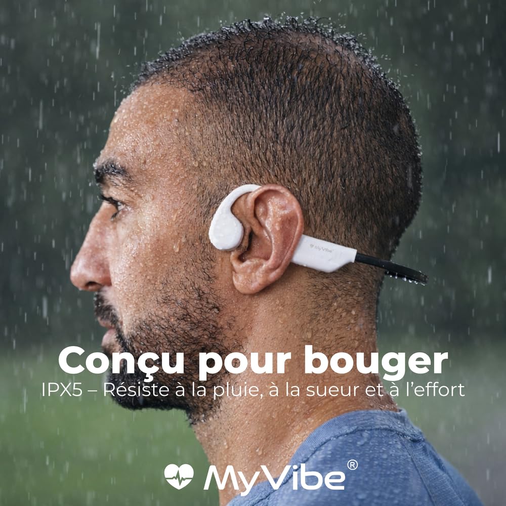 MYVIBE is Powerful Casque à Conduction Osseuse Sport Bluetooth - Écouteurs Oreilles Libres IPX5 Étanche, 9H Autonomie, Ultra Léger 28g - Idéal Running, Randonnée, Fitness & Urbain (Blanc)