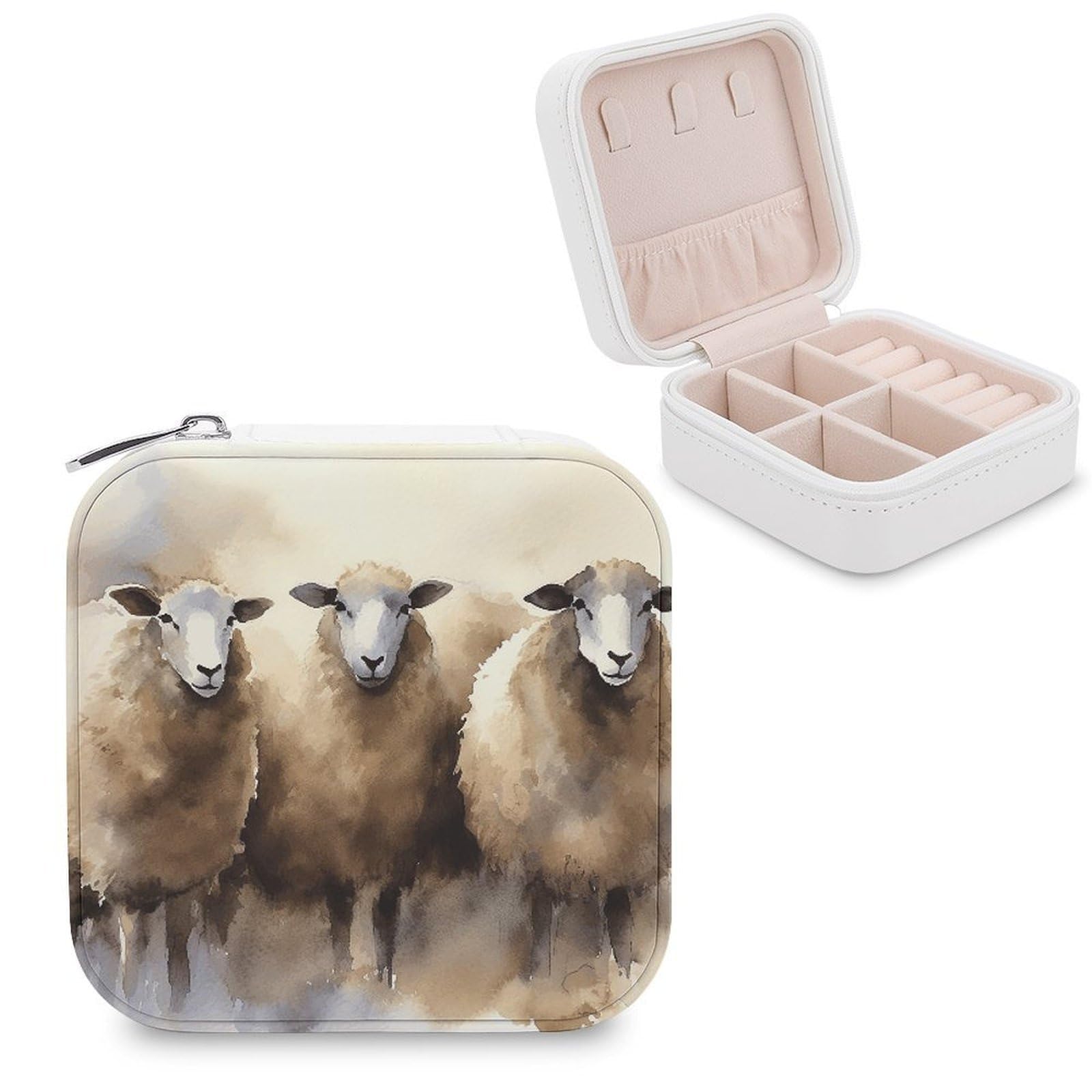 VstaDank Sheeps Watercolor Travel Jewelry Case Zipper Portable Small Jewelry Box Custom Pu Leather Mini Traveling Jewelry Organizer for Rings Earrings Necklace Bracelet Girls Women