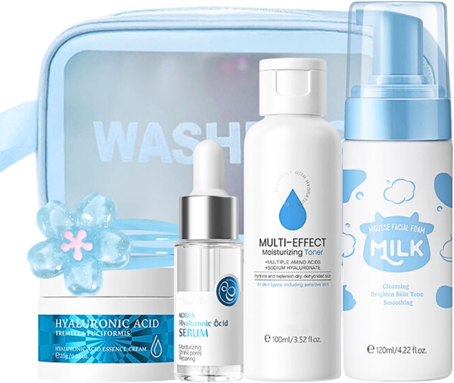 Hydrating Skin Care Sets & Kits, Hyaluronic Acid Skincare Sets, Pamper Sets for Women Gifts, Girls Pamper Set, Facial Kit with Moisturizer, Sreum, Cleanser and Toner set, Travel Kit with Wash Bag