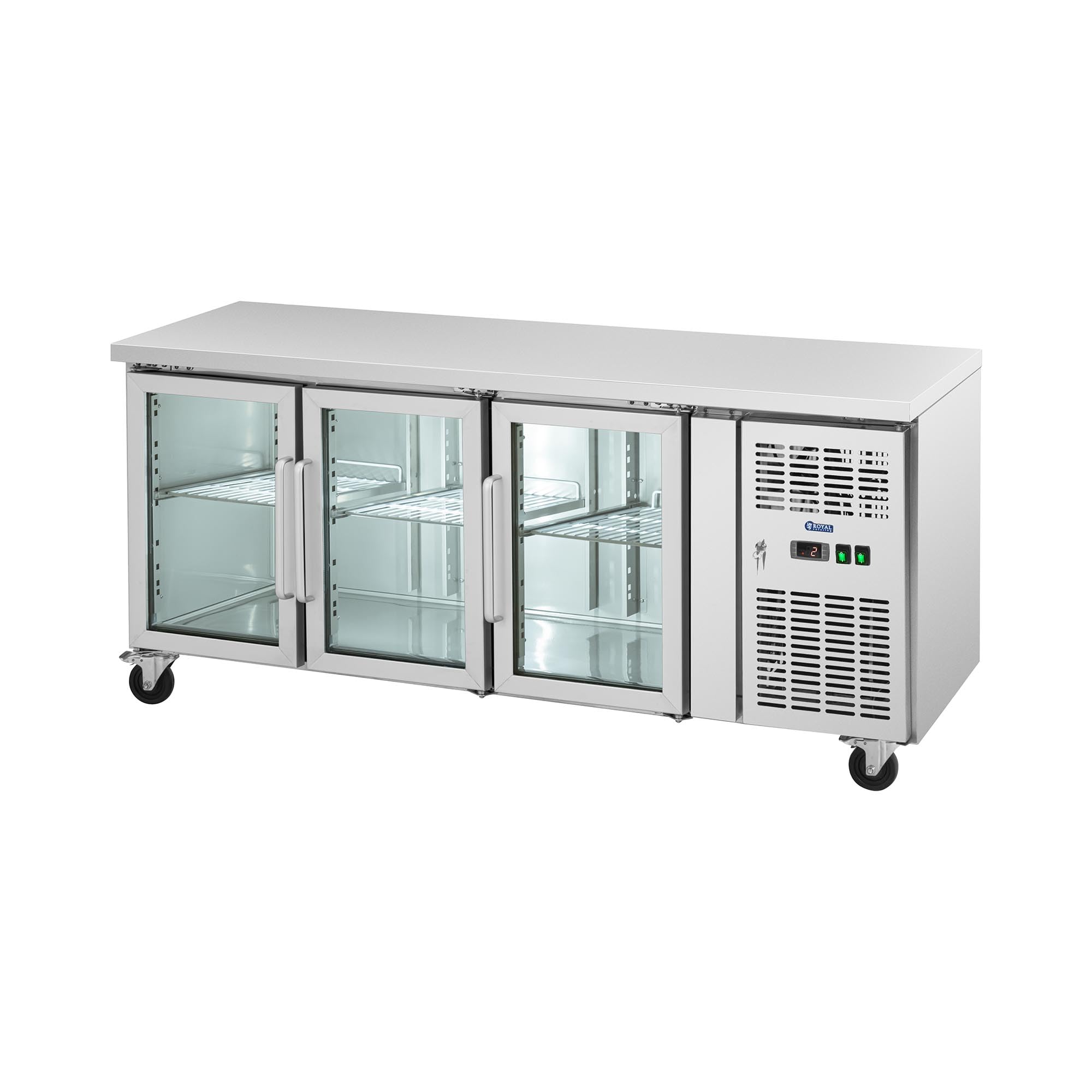Royal Catering Banco refrigerato su ruote 410 l 3 porte in vetro 179,5 x 73 cm - Classe B - Acciaio inox - Royal Catering Tavolo refrigerato Banco frigorifero Banco frigo per gastronomia