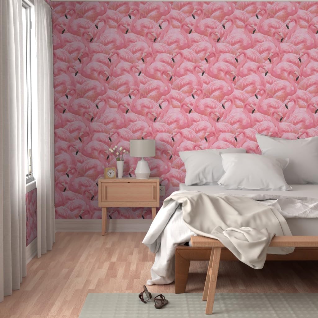 Peel & Stick Wallpaper Swatch - Flamingo Pink Birds Flamingos Island Summer Retro Custom Removable Wallpaper by Spoonflower