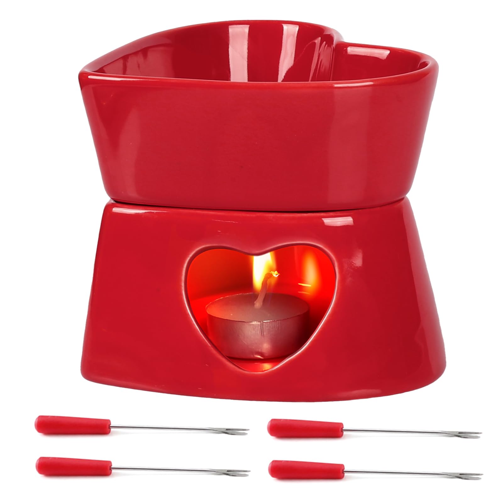 Fonduta al Cioccolato Forma di Cuore Rosso Fonduta Formaggio in Ceramica Rosso da 320 ml con 4 Forchette Rosse Acciaio Inossidabile - per San Valentino