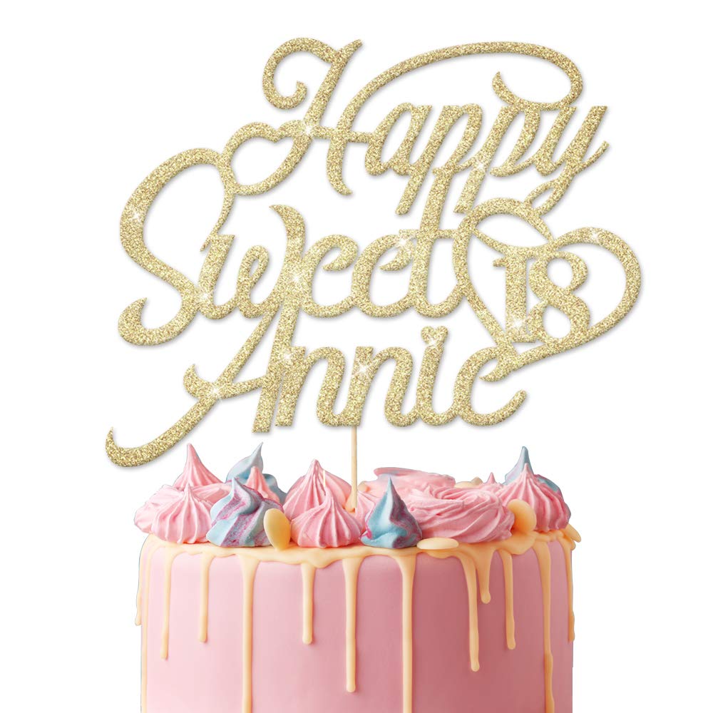 EDSG Personalised Sweet 16th Birthday | Customized with Any Age Any Name 12 16 18 21 Birthday Decor Cake Topper | Double Sided Glitter Birthday Cake Topper for Kids Hand Finished in UK(Champagne Gold)