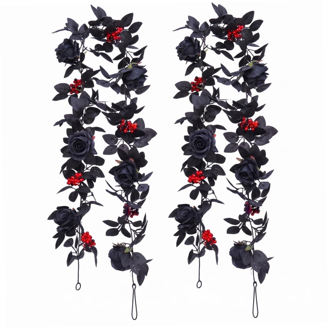 Imooreshine 2pcs Halloween Garland - Black Rose Garland Flexible Artificial Flower Vines For Gothic Wedding & Home Decor Style 1