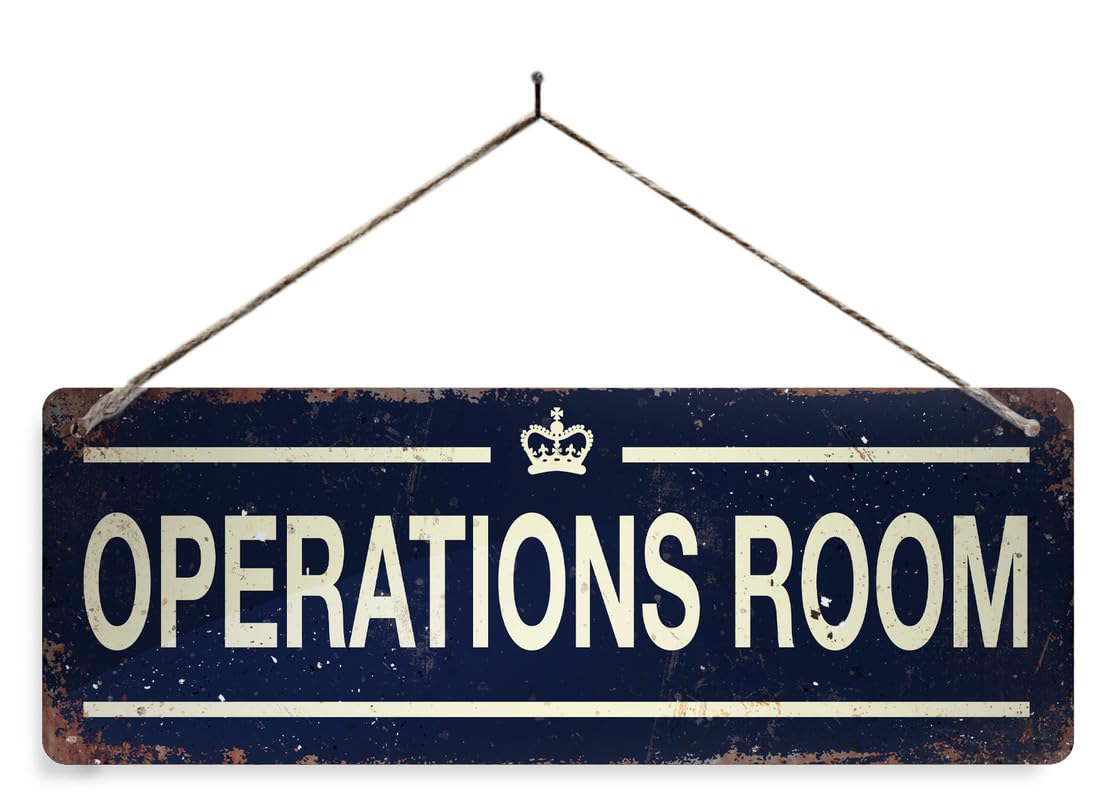 WW2 Operations Room - Blue. Small metal sign with sticky pads (no holes). Vintage war crown office door