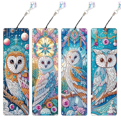 Image of 4-Piece DIY 5D Diamond Painting Bookmark Kits, Owl Special Shaped Crystal Rhinestones Book Marks, Handmade Diamond Art Bookmarks with Crystal Pendant Tassels, Decorative Craft Gift Set for Adults