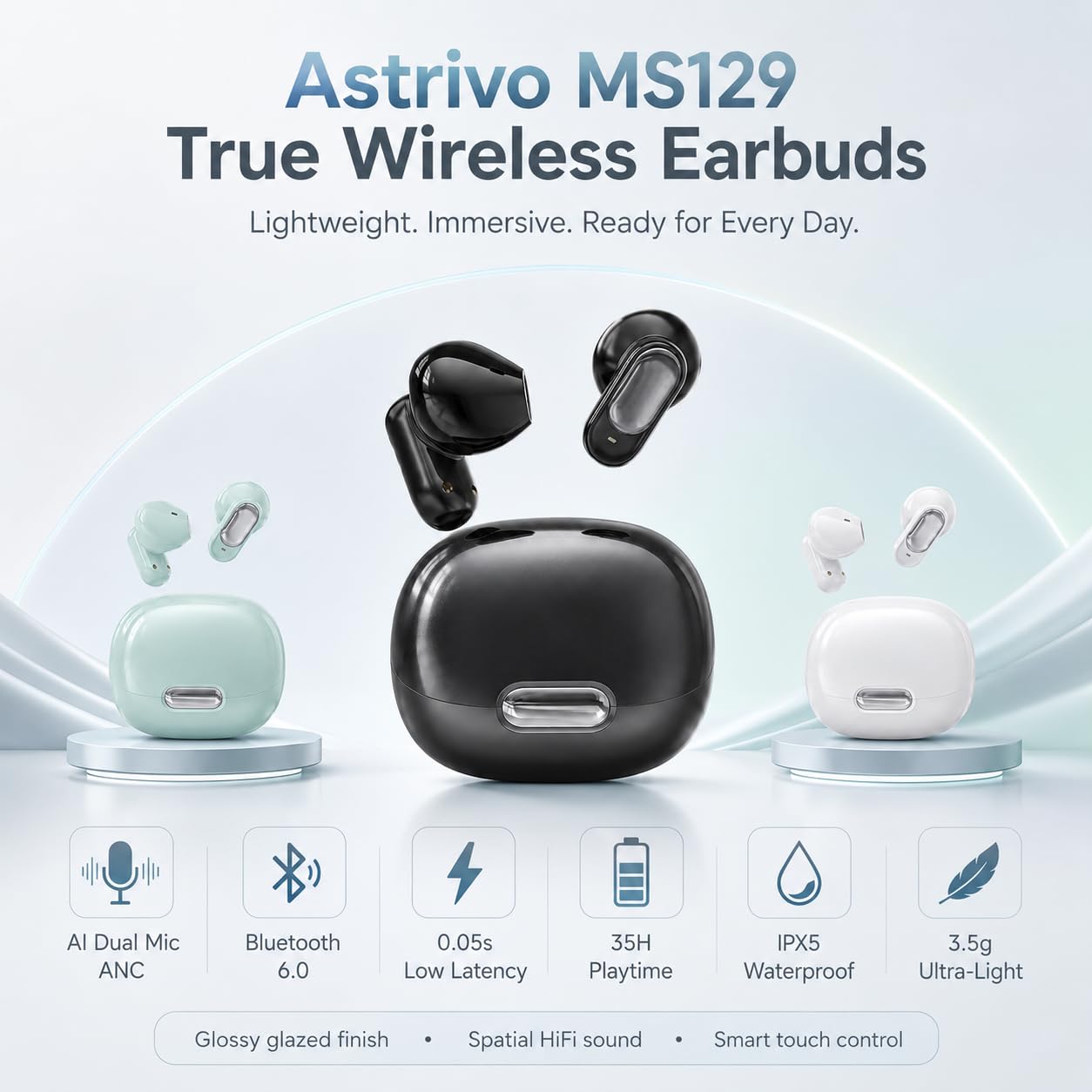MS129 Bluetooth Kopfhörer In Ear, 3.5g Ultraleichte Schlaf Kopfhörer, Kabellose Ohrhörer Bluetooth 6.0 Geräuschunterdrückung, Low Latency Gaming Kopfhörer, 35 Std. Wiedergabezeit (Weiß)