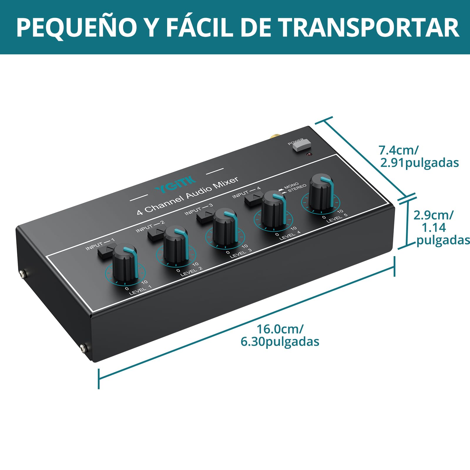 Mini Mezclador de Audio, Mezclador de Línea Estéreo de 4 Canales de 6.35mm+3.5mm TSR Salida de Audio Jack de Entrada para Guitarras, Bajo, Teclados, Micrófono Dinámico