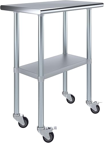 AmGood Mesa de trabajo de acero inoxidable de 18 x 30 pulgadas con ruedas Mesa utilitaria de metal resistente sobre ruedas Carrito de isla de