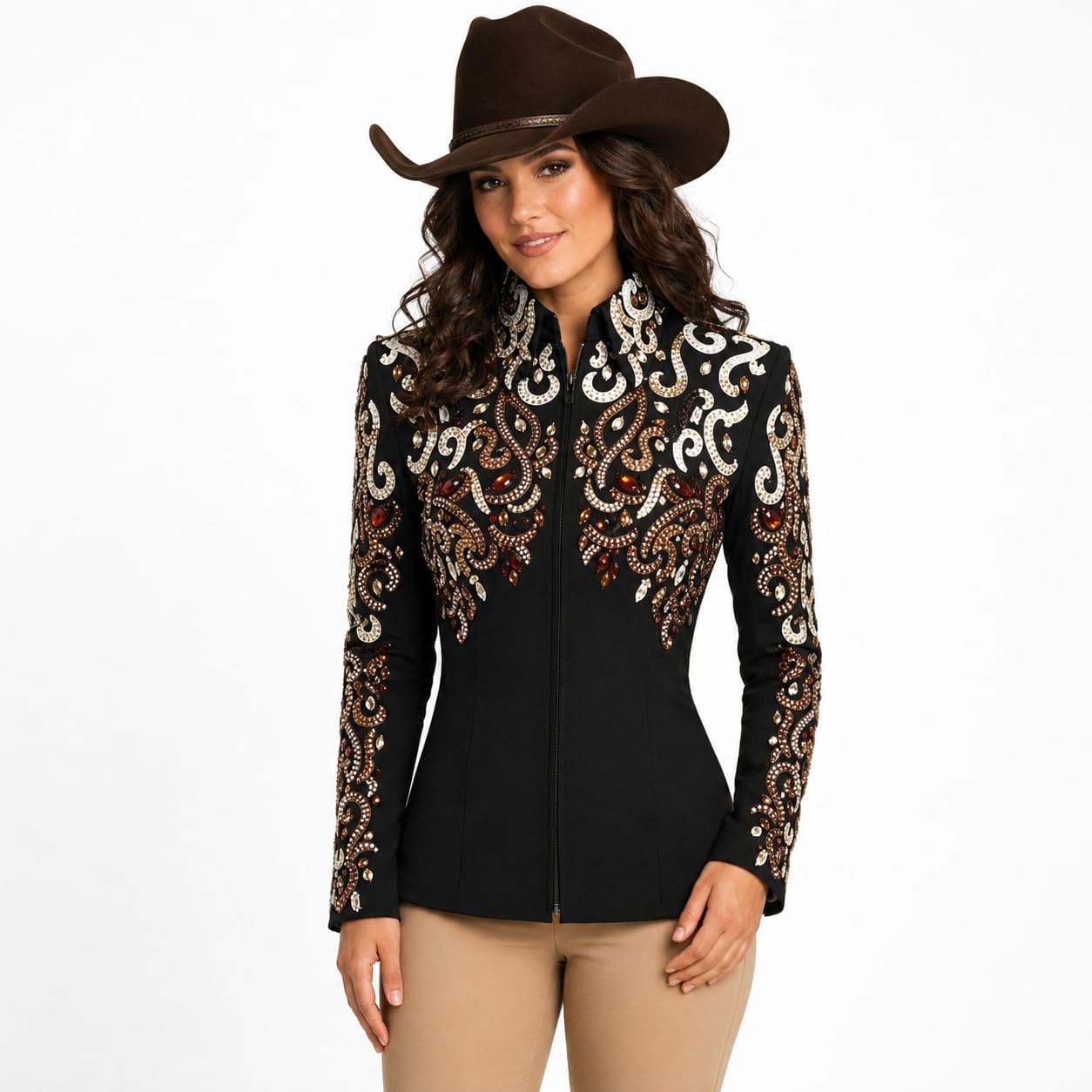 Women’s Black Bronze Rhinestone Showmanship Jacket Western Crystal Coat, Equestrian Outfit