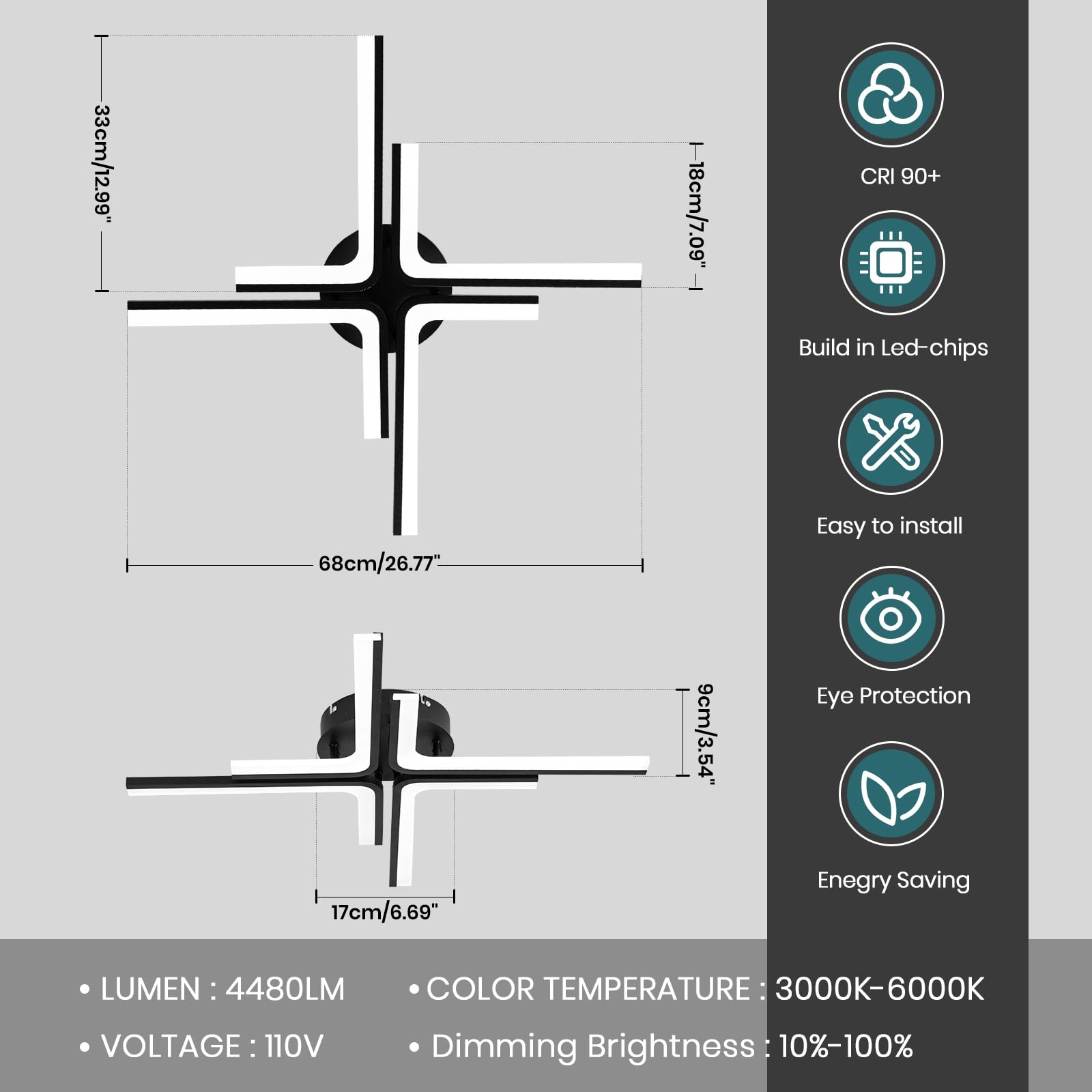 Vloitgol Modern Ceiling Light LED, 66cm Black Dimmable Ceiling Lights Fixtures LED with Remote Control - Image 3