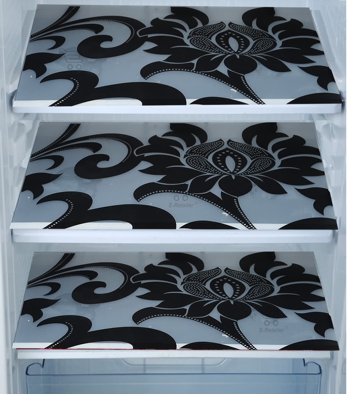 E-Retailer® Waterproof PVC Refrigerator Drawer Mats/Multipurpose Mat/Fridge Mats Set of 3 Pc (Floral Black, Size-17.5X11.5 Inch)