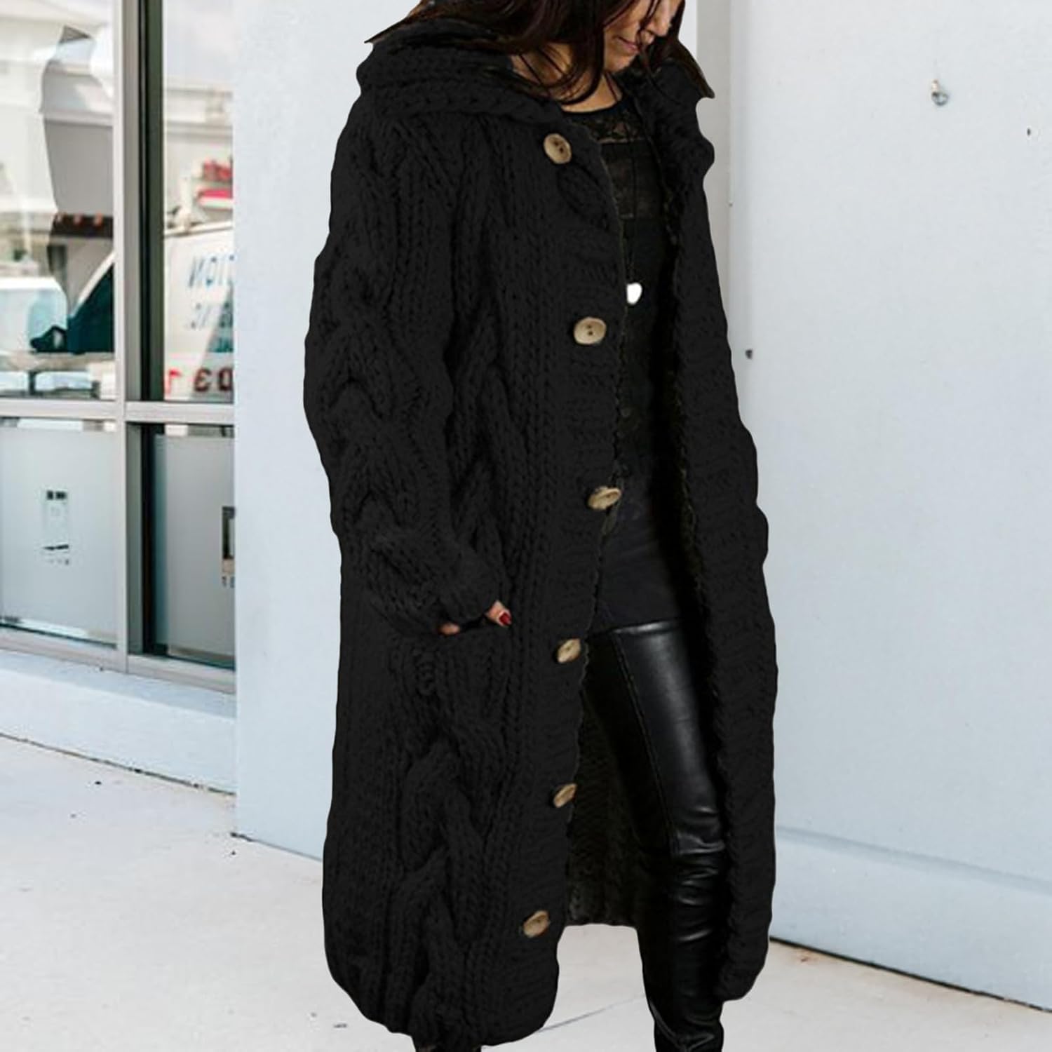 Long Cardigan Sweaters for Womens Fall Cable Knit Casual Coats Long Sleeve Button Open Front Winter Plus Size Sweater - Image 5